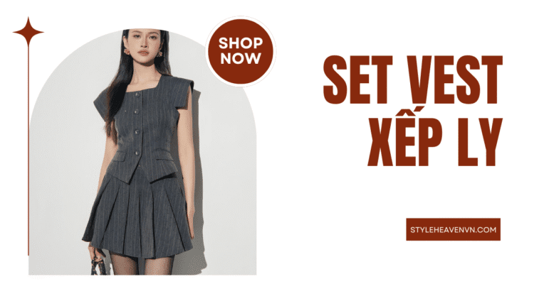 set áo vest chân váy xếp ly dài